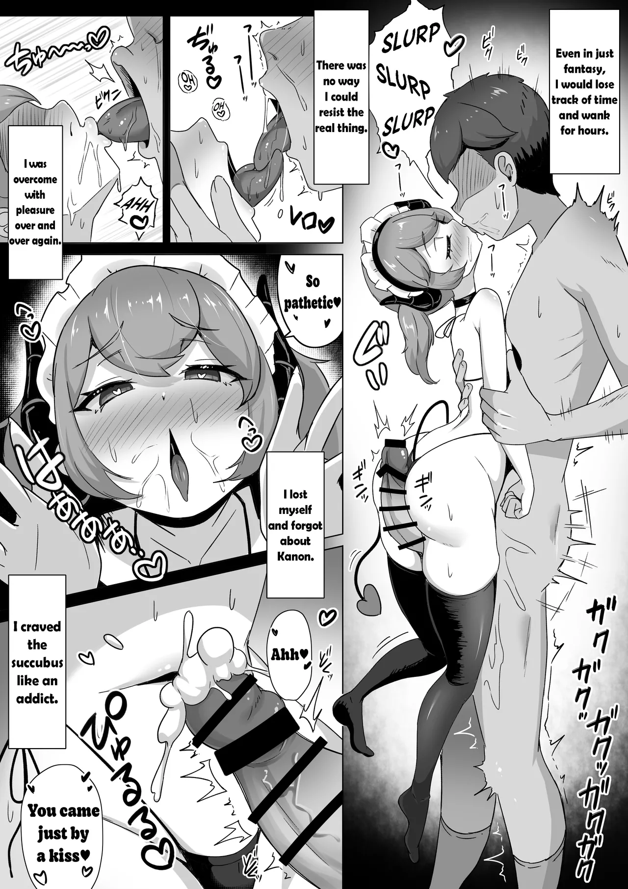 Don't feed a succubus. A story of sperm drain reversing the physical differences between the succubus maid and her master, turning him into a mother-complex masochist. page 15