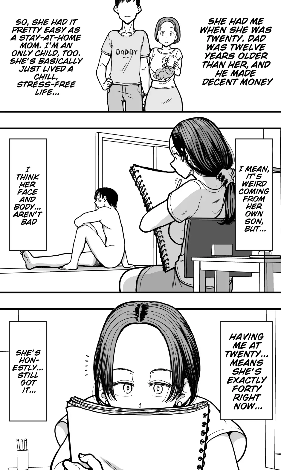 I was acting as a nude model for my mom, but then... I caught a glimpse of her panties, got a boner, and well... page 6