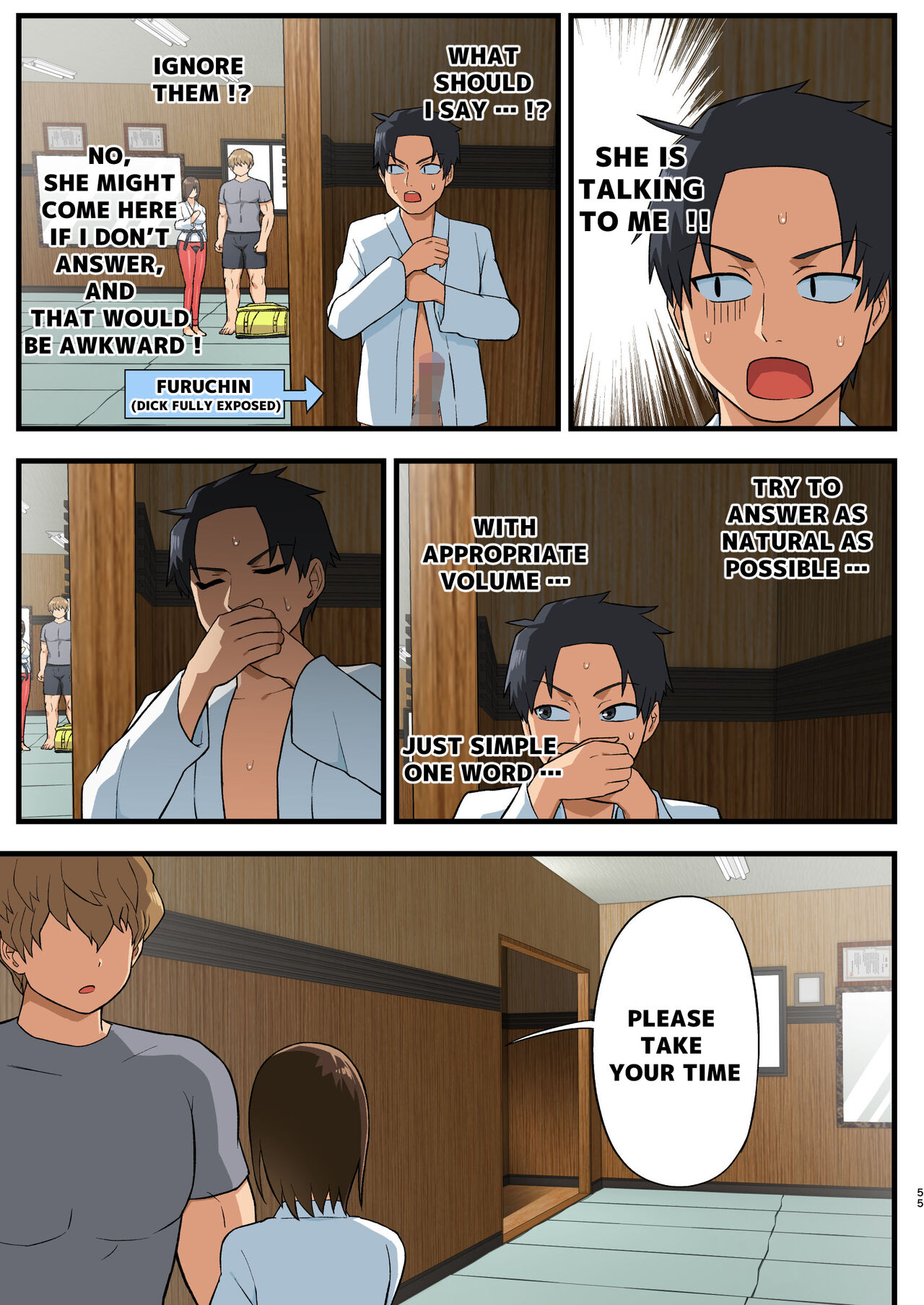Tatakae! Yoshimura-san! 1 ~Otoko wa Full Bokki Oazuke NTR~ - FIGHT! YOSHIMURA-SAN! 1 - man with full erection on hold page 54