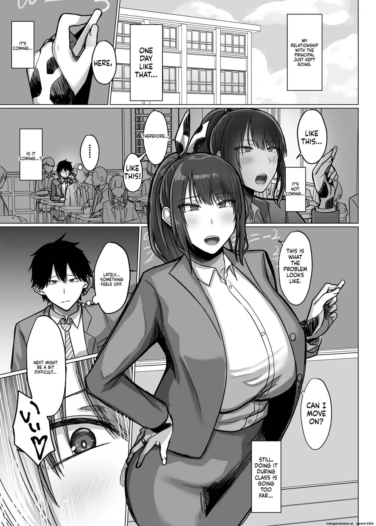 The story of how a busty, older teacher girlfriend gets seduced and cheated on by the principal with a huge penis. page 72